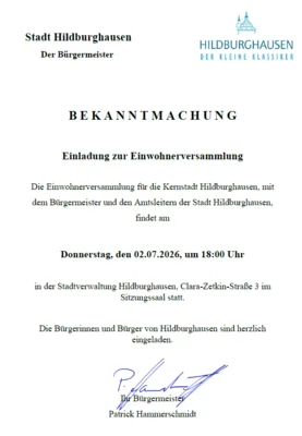 Bekanntmachung der Einwohnerversammlung                                                               am 02.07.2026 in Hildburghausen