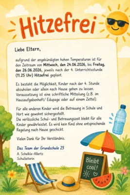 Mittwoch (24.6.) bis Freitag (26.6.) nach der 4. Stunde Hitzefrei (Bild vergr&ouml;&szlig;ern)