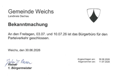 Bürgerbüro an den Freitagen, 03.07. und 10.07.26 geschlossen