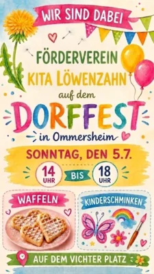 Plakat des Fördervereins der Kita Löwenzahn zum Dorffest in Ommersheim. Es informiert über den Förderverein, den Veranstaltungstermin sowie über die Angebote wie Waffeln und Kinderschminken.