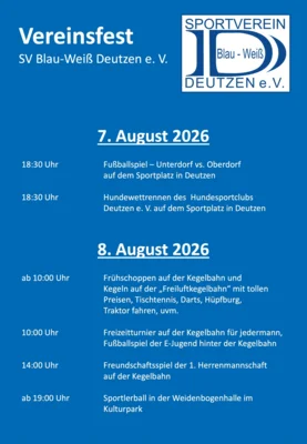SV Blau-Weiß Deutzen lädt zum großen Vereinsfest am 7. und 8. August 2026 ein