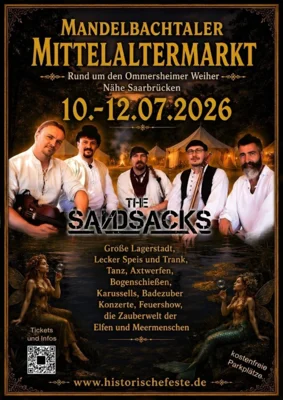 Mandelbachtaler Mittelaltermarkt: Das Plakat kündigt die Veranstaltung vom 10. bis 12. Juli 2026 am Ommersheimer Weiher an und zeigt eine Fantasyszene mit Musikern, Elfen und einer Meerjungfrau.
