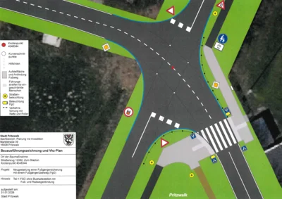 An der Kreuzung Hainholzweg/Am Stadion soll Ende Juli ein Fußgängerüberweg gebaut werden. Grafik: Stadt Pritzwalk (Bild vergr&ouml;&szlig;ern)