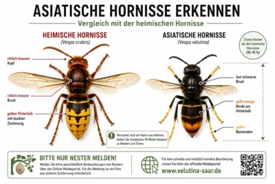 Abbildung: Vergleich zwischen heimischer Hornisse (links) und Asiatischer Hornisse (rechts), schematische Darstellung. Grafik mit Unterstützung durch KI generiert.
