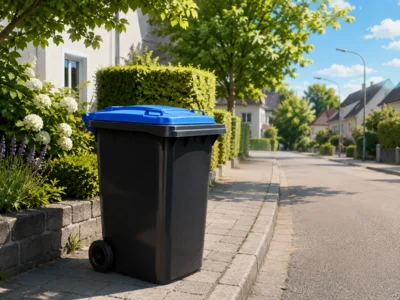 Blaue Tonne in einem Wohngebiet. KI-generiertes Symbolbild.