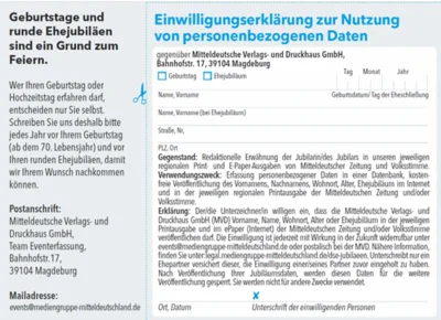 Veröffentlichungen von Geburtstagen und Ehejubiläen in der Mitteldeutschen Zeitung