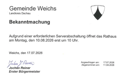 Aufgrund einer Serverabschaltung öffnet das Rathaus am Montag, den 10.08.2026 erst um 10 Uhr