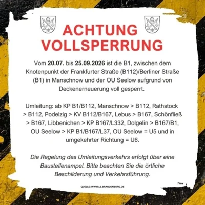 B1 zwischen Seelow und Manschnow bis Ende September voll gesperrt (Bild vergr&ouml;&szlig;ern)