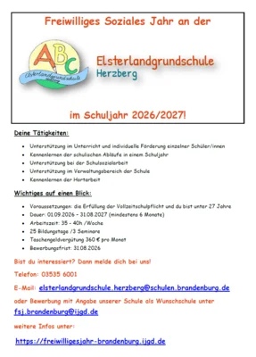 FSJ an der Elsterlandgrundschule Herzberg (Elster) – Starte mit uns ins Schuljahr 2026/2027!