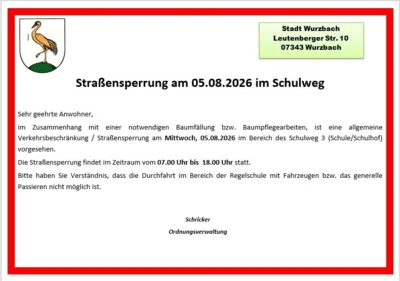Straßensperrung am 05.08.2026 im Schulweg