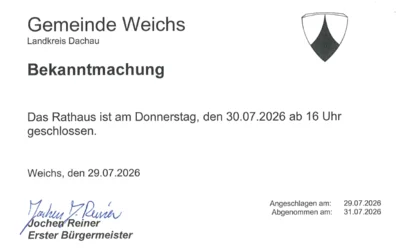 Das Rathaus ist am Donnerstag, den 30.07.2026 ab 16 Uhr geschlossen