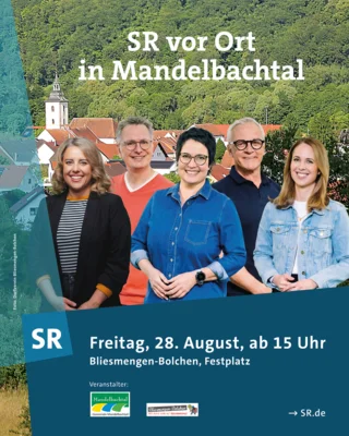 Das Moderatorenteam des Saarländischen Rundfunks beim Aktionstag in Mandelbachtal, von links: Simin Sadeghi, Michael Friemel, Sonja Marx, Joachim Weyand und Julia Lehmann. Quelle: Saarländischer Rundfunk (SR)