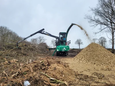 Ein Häcksler machte 2022 Platz für neue Häuser am Birkenwäldchen in Pritzwalk. Foto: Stadt Pritzwalk (Bild vergr&ouml;&szlig;ern)
