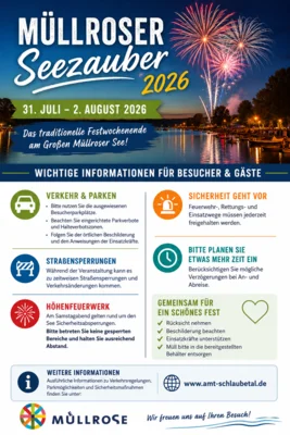 Bürgerinformation. Verkehrssicherungsmaßnahmen und Sicherheitsvorkehrungen zum Müllroser Seezauber 2026 (Bild vergr&ouml;&szlig;ern)