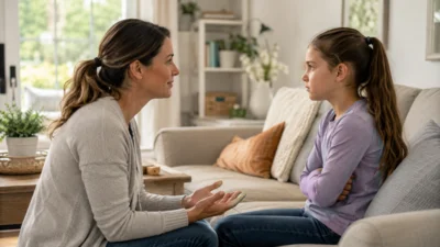 Eine Mutter sitzt in einem hellen Wohnzimmer auf Augenhöhe vor ihrer etwa achtjährigen Tochter. Das Kind wirkt enttäuscht und hat die Arme leicht verschränkt. Die Mutter bleibt ruhig, klar und zugewandt. Die Szene vermittelt eine klare elterliche Grenze, Sicherheit und eine bestehenbleibende Verbindung trotz des Konflikts. (Bild vergr&ouml;&szlig;ern)