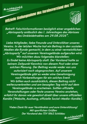 Offizielle Stellungnahme des Vereinsvorstand des TSV Schildau zur Abrissparty
