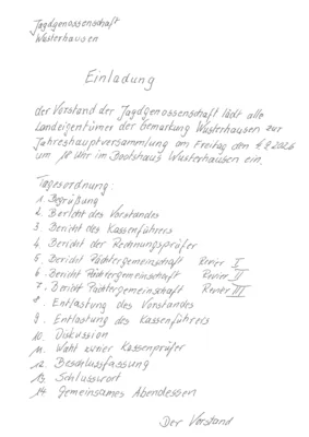 Einladung Jahreshauptversammlung Jagdgenossenschaft Wusterhausen/Dosse
