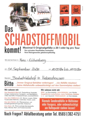 Das Schadstoffmobil kommt am 01. September 2026 nach Neu-Eichenberg