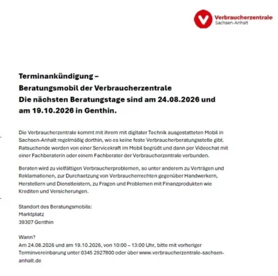 Beratungsmobil der Verbraucherzentrale kommt nach Genthin (Bild vergr&ouml;&szlig;ern)
