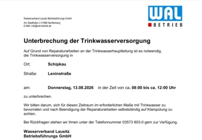 WAL: Unterbrechung der Trinkwasserversorgung