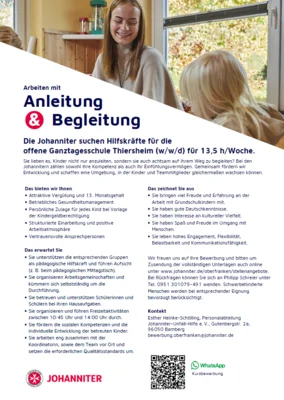 Die Johanniter suchen Hilfskräfte für die offene Ganztagesschule Thiersheim (m/w/d) für 13,5 h/Woche.