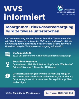 Zeitweise Unterbrechung der Trinkwasserversorgung im Moorgrund