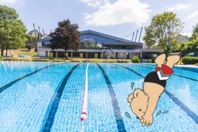 Bärenbad mit einem gezeichneten Bären, der ins Becken springt