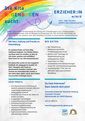 Meldung: Die Kita Regenbogen sucht: Erzieher/in w/m/d