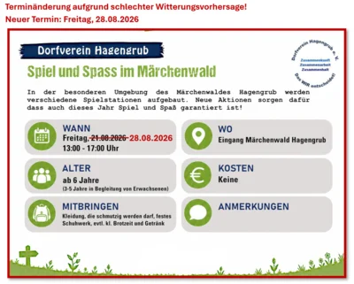 Ferienprogramm des Dorfverein Hagengrub: Terminverschiebung aufgrund schlechter Wetterprognose auf 28.08.2026