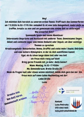 Montag,  07. September, Gemeinderaum Breite Str. 29: Herzliche Einladung zum ersten Teenie-Treff nach den Sommerferien