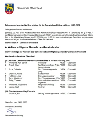 Bekanntmachung der Wahlvorschläge für die Gemeindewahl Obernfeld (Bild vergr&ouml;&szlig;ern)