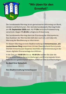 Meldung: Der Bundesweite Warntag und Sirenenübung in Immenhausen am 10. September. 2026
