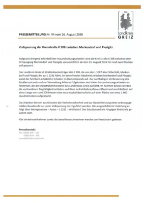 Vollsperrung Kreisstraße K308 ab 31.08.2026