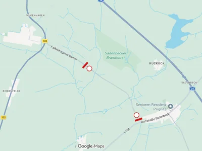 Auf der K7019 zwischen dem Gewerbegebiet Falkenhagen und der L 154 bei Sadenbeck gibt es am Montag, 7. September, von 7 Uhr bis voraussichtlich 16 Uhr eine Vollsperrung. Karte: Google Maps (Bild vergr&ouml;&szlig;ern)
