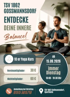 Neuer Yoga Kurs ab 15.09.26 im Sportheim