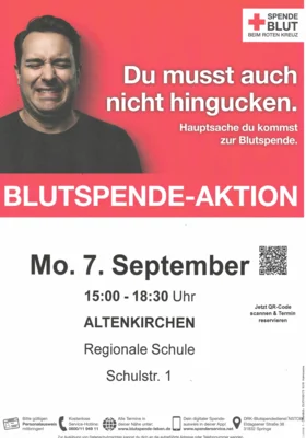 Blutspende-Aktion Montag, 07.09.2026 in der Regionalen Schule in Altenkirchen von 15.00 Uhr - 18.30 Uhr. (Bild vergr&ouml;&szlig;ern)