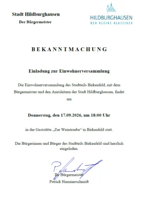 Bekanntmachung der Einwohnerversammlung des Stadtteils Birkenfeld am 17.09.2026