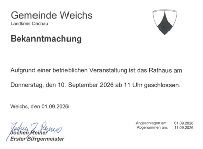 Das Rathaus ist am Donnerstag, den 10.09.2026 ab 11 Uhr geschlossen