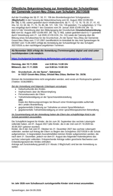 Öffentliche Bekanntmachung zur Anmeldung der Schulanfänger der Gemeinde Gosen-Neu Zittau zum Schuljahr 2027/2028