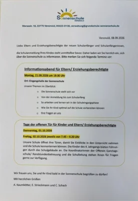 Einladung zum Informationsabend für die Eltern der neuen Schulanfänger und -anfängerinnen