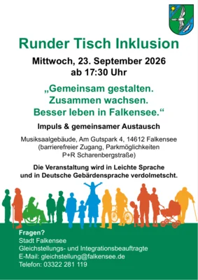 Gemeinsam gestalten. Zusammen wachsen. Besser leben in Falkensee - Runder Tisch Inklusion trifft sich am Mittwoch, 23. September im Musiksaal