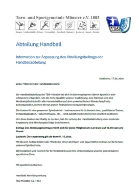 Information zur Anpassung des Abteilungsbeitrags der Handballabteilung