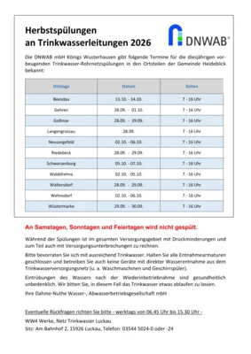 Meldung: Herbstspülungen an Trinkwasserleitungen 2026