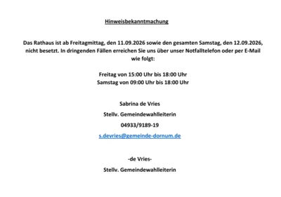 Hinweisbekanntmachung - Notfalltelefon - Wahlwochenende (Bild vergr&ouml;&szlig;ern)