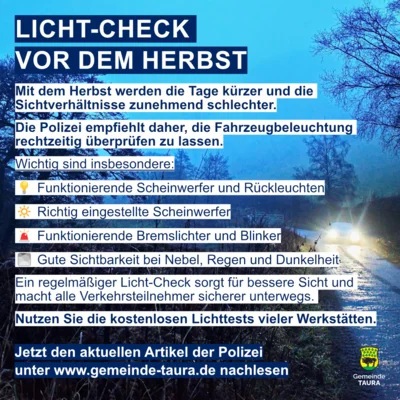 Wenn es wieder früher dunkel wird: Polizei empfiehlt Licht-Check vor dem Herbst
