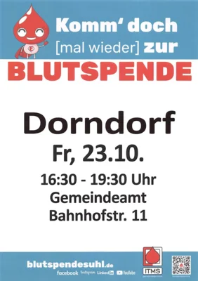 Das ITMS gemeinnützige GmbH Suhl lädt ein zur Blutspene nach Dorndorf