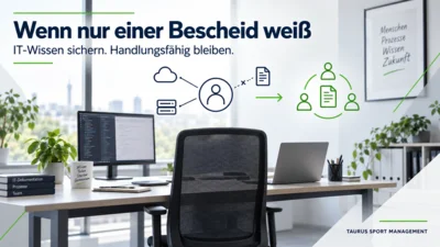 Leerer IT-Arbeitsplatz mit Schaubild zum Übergang von personengebundenem IT-Wissen zu dokumentiertem Wissen im Team. (Bild vergr&ouml;&szlig;ern)