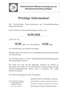 Am 16.09.2026 in der Zeit von 10.00 Uhr - 14.00 Uhr kommt es zur Unterbrechung der Wasserversorgung. (Bild vergr&ouml;&szlig;ern)