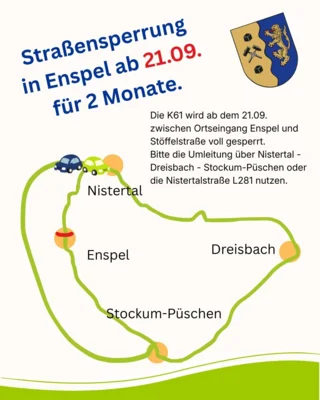 Meldung: K61 (Nistertalstraße) in Enspel wird gesperrt