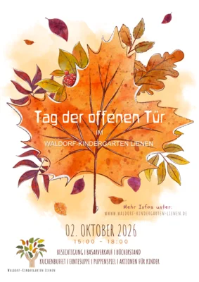 Tag der offenen Tür im Waldorfkindergarten Lienen am 2. Oktober 2026 von 15–18 Uhr. Waldorfpädagogik kennenlernen, Räume entdecken und einen herbstlichen Nachmittag mit Puppenspiel, Basar, Bücherstand, Erntesuppe, Kuchen und Aktionen für Kinder erleben. (Bild vergr&ouml;&szlig;ern)